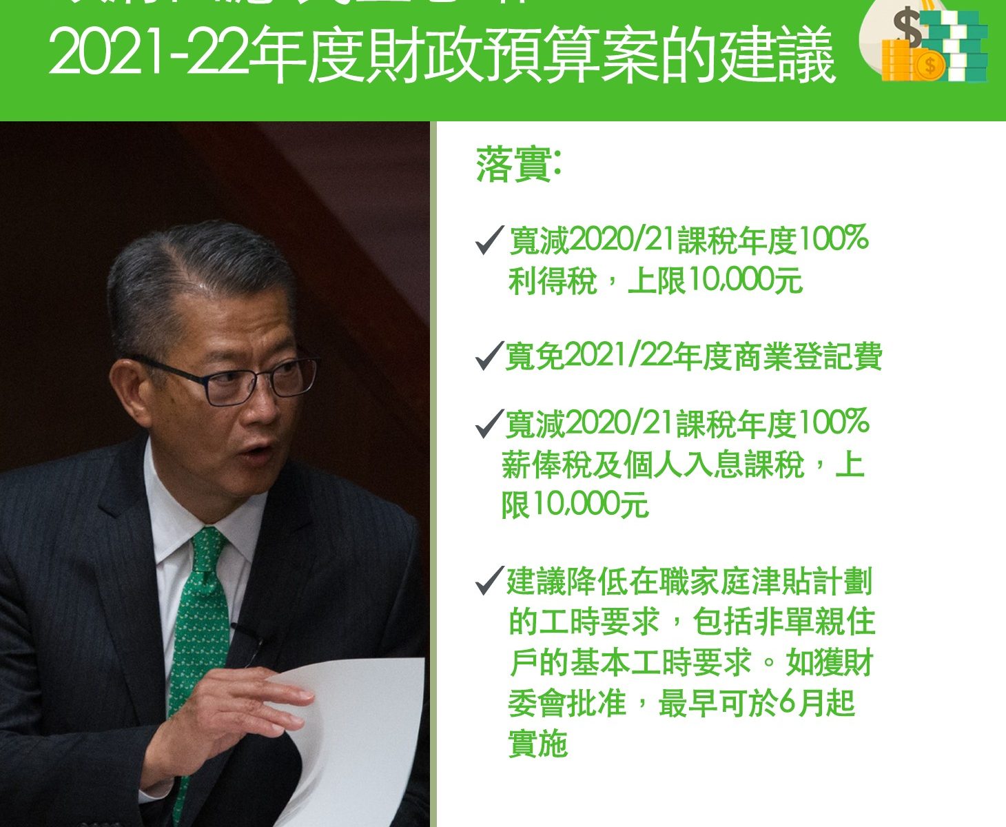 【回應建議】今日財政司司長陳茂波到立法會宣讀2021-22年度財政預算案，當中部分措施是回應了民主思路就新一份財政預算案的建議。